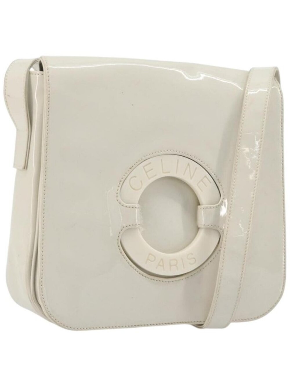 Authentic CELINE Circle Shoulder Bag Patent Leather Ivory Silver